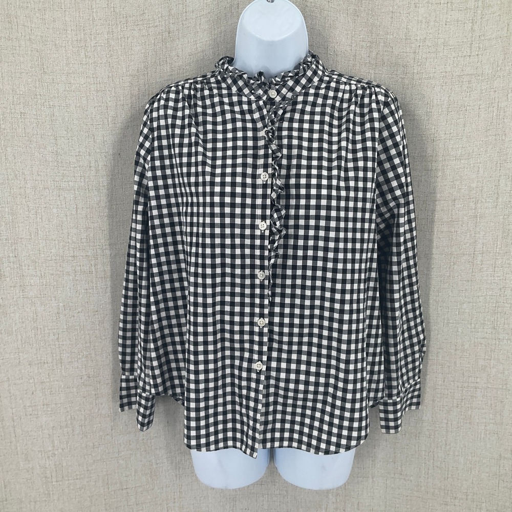 Ann Taylor Gingham Blouse Womens L Black White Ruffle Neck Button Up Classic